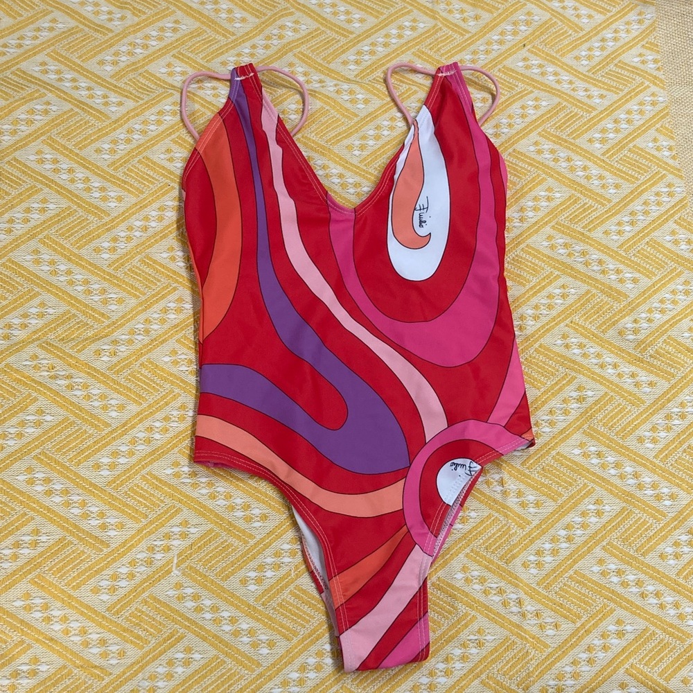 Emilio Pucci Red Pink Orange Swirl One-Piece Swimsuit